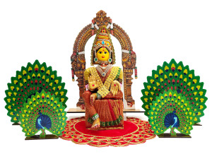 Ammavaru Idol with Arch, Velvet Mat and Decorative Peacock Standees