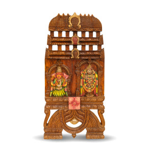Handcrafted Wooden Temple Wall Hanging with Lord Venkateswara and Laxmi Devi