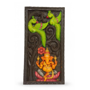 Handcrafted Wooden Ganesha with Parrots Wall Hanging