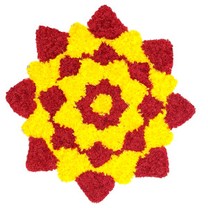 Artificial Marigold Flower Rangoli Mat – Red & Yellow Geometric Floral Design