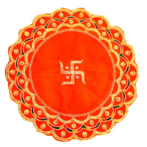 Traditional Orange Velvet Puja Aasan with Swastik Embroidery – Round Design