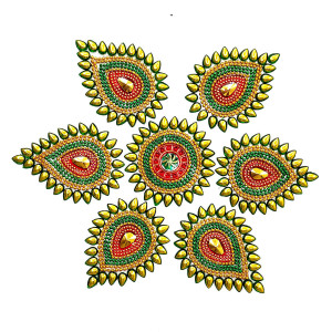 Traditional Leaf Pattern Crystal Rangoli Sticker Set (7 Pieces)
