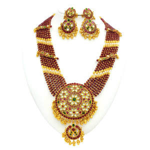 Traditional Kundan and Bead Long Necklace Set with Earrings