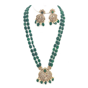 Kundan Green Beaded Rani Haram And Necklace Set