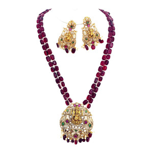 Maroon Rani Haram with Lakshmi Pendant and Earrings Set