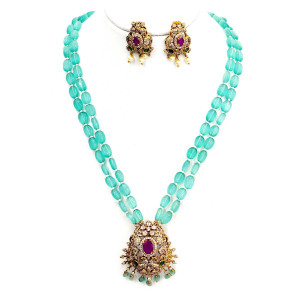 Mint Green Rani Haram with Ruby-Centered Pendant and Earrings