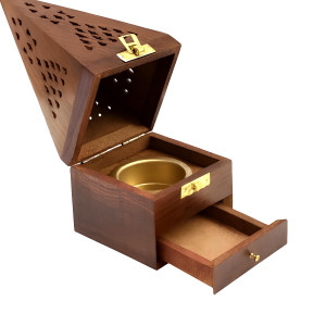 Wooden Incense Burner Box with Brass Holder & Drawer