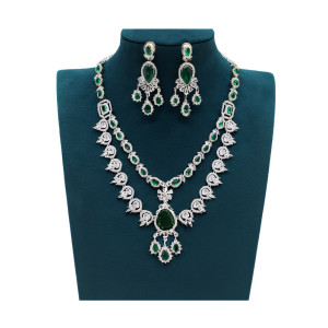 Layered Emerald & AD Long Necklace Set