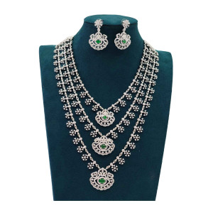 Triple-Layer Silver-Plated Emerald Necklace & Earring Set