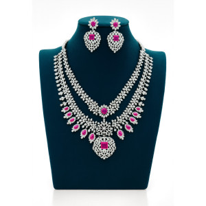 Elegant Silver-Plated Ruby Stone Necklace & Earring Set