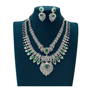 Elegant Silver-Plated Emerald Stone Necklace & Earring Set
