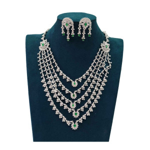 Five-Layer Silver-Plated Emerald Stone Necklace & Earring Set