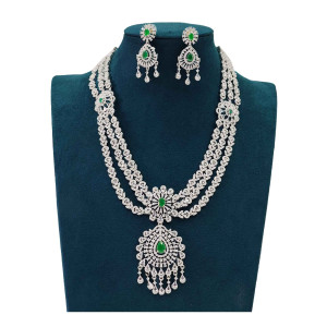 Royal Silver-Plated Emerald Stone Necklace & Earring Set