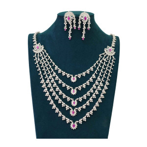 Five-Layer Silver-Plated Ruby Stone Necklace & Earring Set