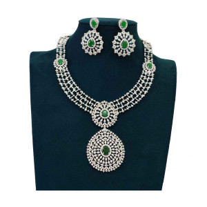 Silver-Plated Emerald Stone Designer Necklace & Earring Set