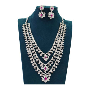 Triple-Layer Silver-Plated Ruby Stone Necklace & Earring Set