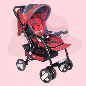 Mee Mee Deluxe Reclining Baby Stroller with Double Wheels & Dining Tray – Red