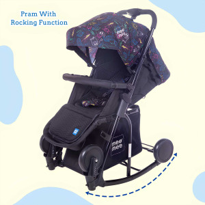 Mee Mee Baby Pram with Rocking Function – Black with Colorful Print Canopy