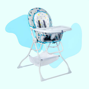 Mee Mee Foldable Baby High Chair with Safety Harness and Food Tray – Printed Blue