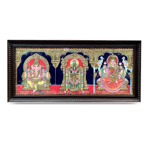 Thanjavur Painting – Ganesha, Venkateswara & Lakshmi Trio Panel