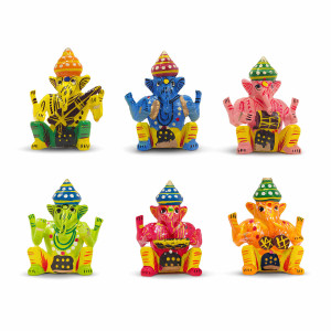 Varanasi Handcrafted Wooden Ganesha Set – Multicolor (Set of 6)