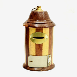 Handcrafted Wooden Piggy Bank with Brass Detailing